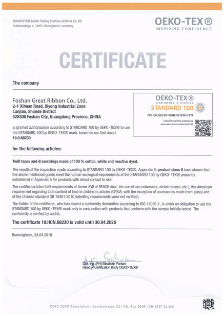Chine Foshan Great Ribbon Co., Ltd. certifications